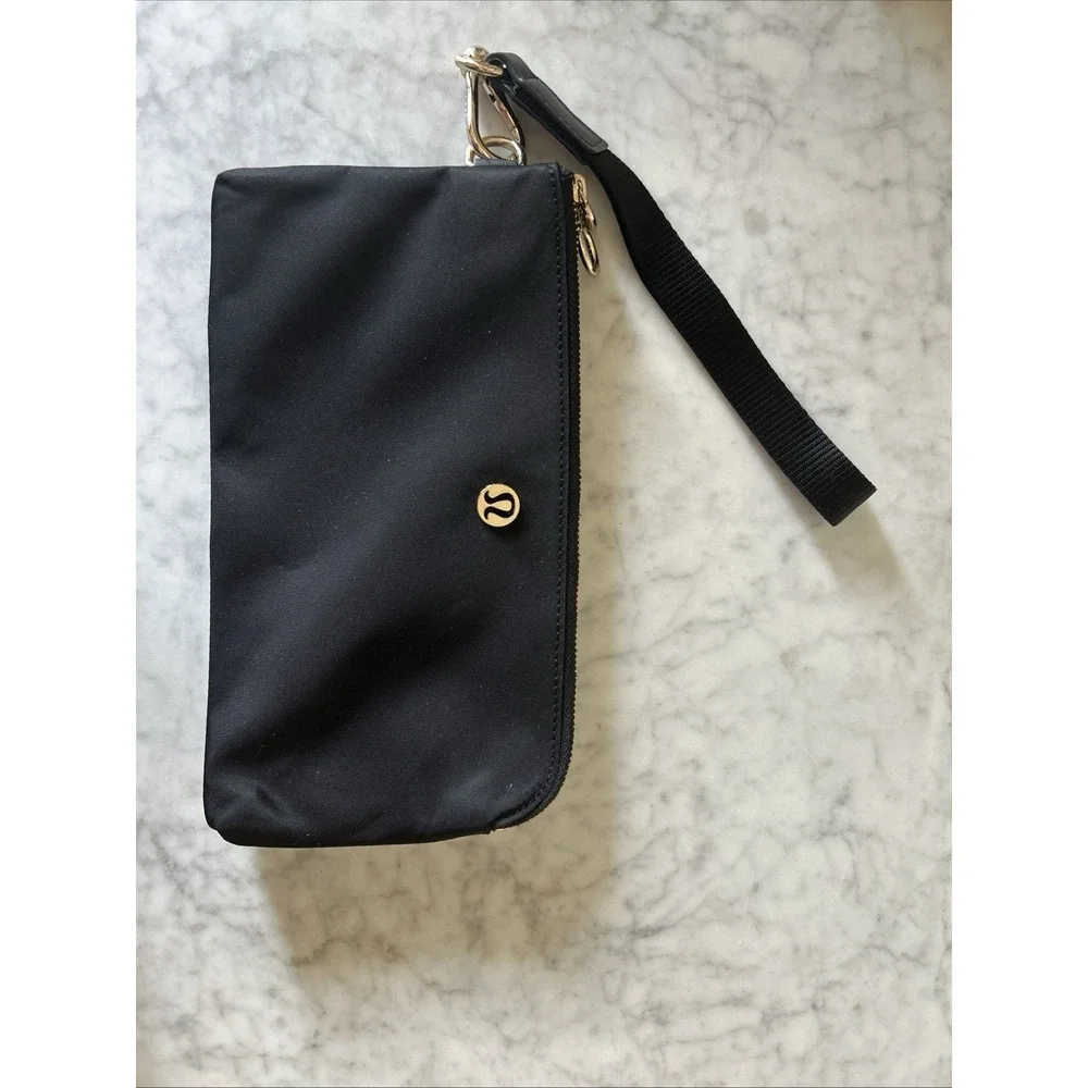 Lululemon Black Dual Pouch Wristlet Wallet Gold Hardware